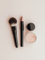 Poster - A beautifully arranged set of cosmetic products features a lipstick, makeup brushes, and powder against a light backdrop. Generative AI