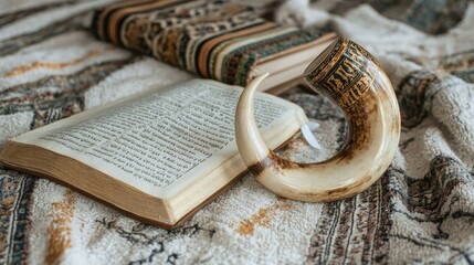 Symbols of the Yom Kippur holiday. Shofar and prayer book on a towel.