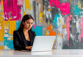 Businesswoman Working on Laptop in Front of Colorful Abstract Art