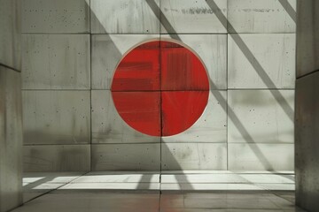 Poster - Sunlight illuminating a red circle window in an empty concrete room