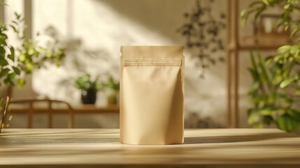 A realistic mockup of an eco-friendly craft paper standing pouch with a matte finish, placed on a light wooden table