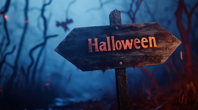 A weathered wooden arrow sign pointing to the right, with the word Halloween written in a spooky, jagged font