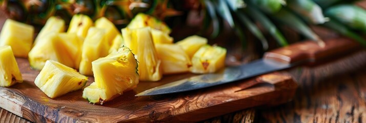 Canvas Print - Sliced pineapple pieces on a wooden cutting board with a knife, showcasing this vibrant yellow tropical fruit rich in bromelain.