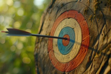 Poster - Arrow hitting the center of an archery target with a natural background
