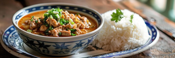 Sticker - Bowl of bitter gourd and minced pork soup accompanied by a plate of rice.