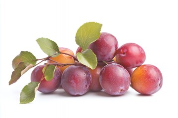 Wall Mural - A cluster of ripe plums with green leaves on a white background.