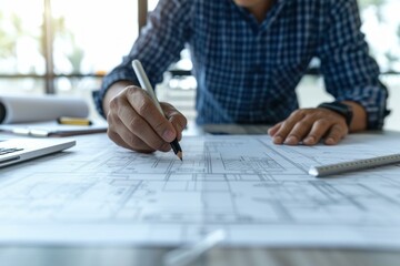 Poster - Architect is drawing an architectural project sketching a blueprint plan on his desk
