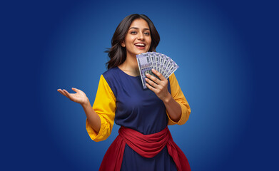 Adult South Asian woman holding rupee money while smiling on isolated background