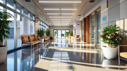 Poster - A long hallway with a few chairs and potted plants. The chairs are arranged in a row, and the potted plants are placed along the walls. The hallway is well-lit, creating a bright