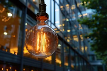 Poster - Round lightbulb is hanging and glowing in front of a building with bokeh