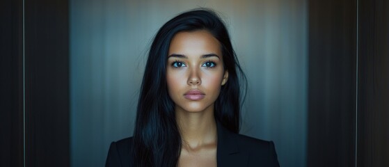 Wall Mural - Portrait of a Woman with Long Black Hair and Blue Eyes