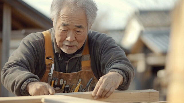 木材を加工する大工