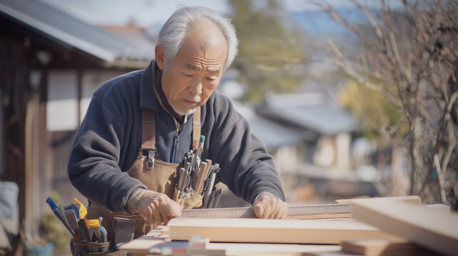 木材を加工する大工