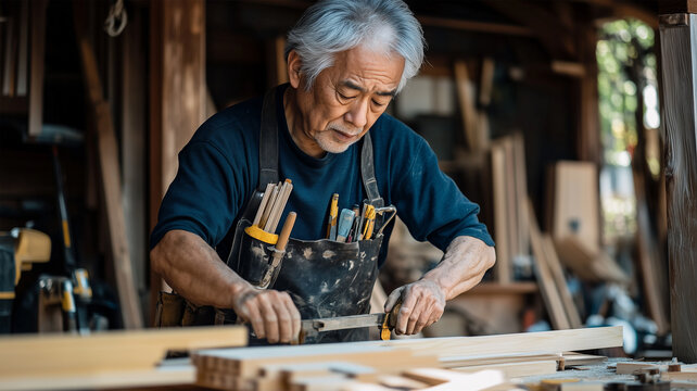 木材を加工する大工