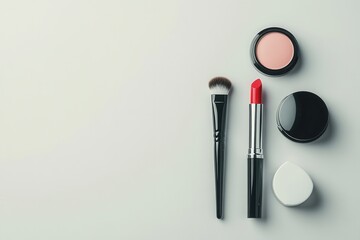 Aufkleber - A minimalist setup showcases a lipstick, makeup brushes, and powder, perfect for beauty lovers seeking simplicity and elegance. Generative AI