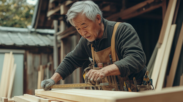 木材を加工する大工