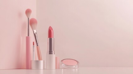 Poster - A collection of cosmetic products including a lipstick, brushes, and powder arranged neatly on a light background for a fresh look. Generative AI