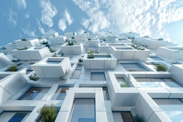 Modern white building facade with balconies and plants, representing sustainable urban living