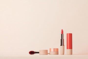 Leinwandbilder - Cosmetic products are neatly arranged, showcasing a lipstick, makeup brushes, and powder on a serene light surface. Generative AI
