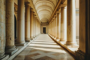 Poster - Sunlight illuminating an empty hallway with stone columns and a checkered floor