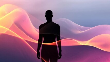 Poster - A man is standing in front of a wave of pink and orange colors. Concept of movement and energy, as if the man is surfing the wave. The colors and the man's pose suggest a feeling of freedom