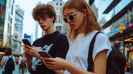  two teenage friends engrossed in their smartphones, standing on a busy street in a cosmopolitan city