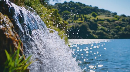 Wall Mural - Close-up of a Waterfall Cascading into a Lake with Green Trees in the Background