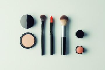 Poster - A chic arrangement of essential cosmetic products, including brushes, lipstick, and powder, elegantly displayed on a soft light background. Generative AI