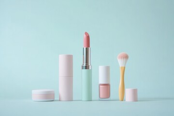 Aufkleber - The arrangement showcases lipstick, makeup brushes, and powder in pastel packaging on a soft light background. Generative AI