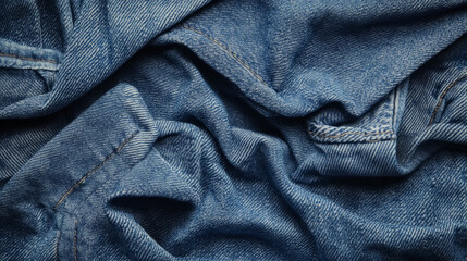 close-up crumpled blue denim fabric texture with detailed stitching for fashion design