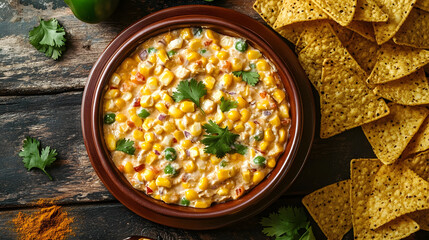 Bowl of Mexican street corn dip. With nacho chips and elote dip. cuisine from Latin America. upper view