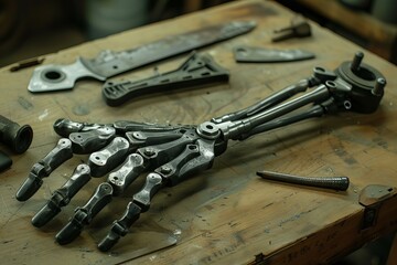 Poster - Metal robotic hand lies on a workbench with various tools, showcasing the craftsmanship of robotics engineering