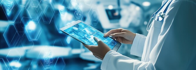 High-tech medical digital healthcare technology concept with a doctor using a tablet