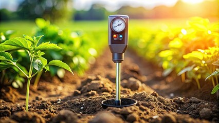 A close-up shot of a pH meter measuring the acidic level of soil, with a blurred background of nutrient-deficient plants affected by acidic soil conditions.