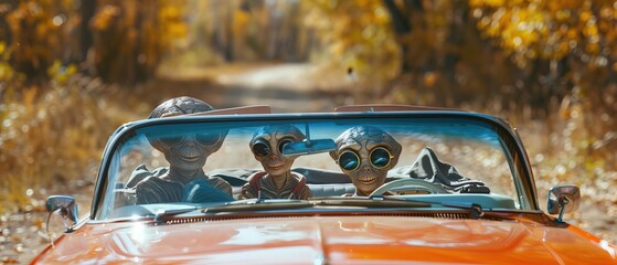 Two aliens with sunglasses in the convertible red car 