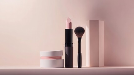 Poster - A collection of cosmetic products is beautifully arranged on a light background, highlighting lipstick, brushes, and powder. Generative AI