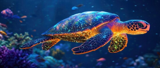 Wall Mural - A Vibrant Sea Turtle Glowing in the Ocean Depths