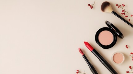 Poster - A minimalist display features cosmetic products including lipstick, brushes, and powder arranged elegantly on a light background. Generative AI