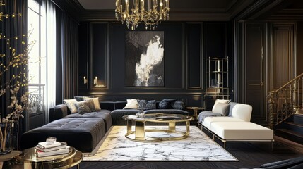 luxurious modern living room, dark walls, abstract art on walls, elegant chandeliers, marble flooring with gold accents, large windows, sophisticated furniture, contemporary interior design, high eleg