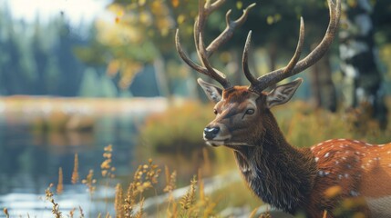 Wall Mural - Deer in foreground with natural landscape generative ai