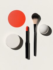 Leinwandbilder - This setup features various cosmetic products including a vibrant lipstick, makeup brushes, and powder on a soft neutral background. Generative AI