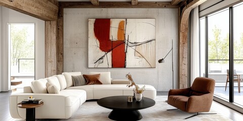 modern industrial living room, large abstract art on concrete wall, cozy white sectional sofa, stylish brown armchair, black round coffee table, exposed wooden beams, large windows, natural light, min