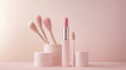 Aufkleber - A minimalist arrangement showcases a lipstick, makeup brushes, and powder placed on a soft, light background for a clean look. Generative AI