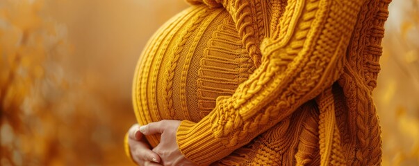 Canvas Print - Pregnant woman in a vibrant yellow sweater, lovingly cradling her belly, conveying warmth and love. Free copy space for banner.