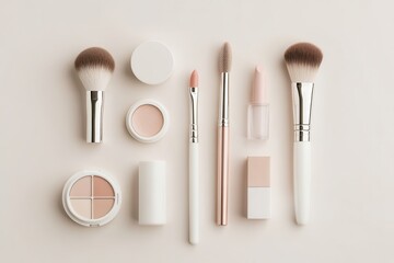 Leinwandbilder - A minimalist display showcases various cosmetic products including lipstick, brushes, and powder arranged neatly on a light surface. Generative AI