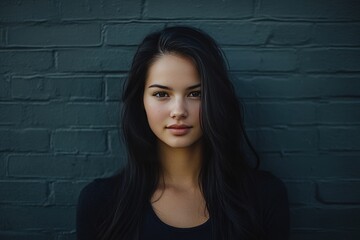 A woman with long black hair is standing in front of a brick wall, generative ai image