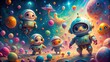 © Four888 - Adorable pastel-colored aliens, robots, and stars twinkle and float amidst vibrant, swirling galaxies and nebulas in a whimsical, dreamy, and utterly charming cosmic scene.