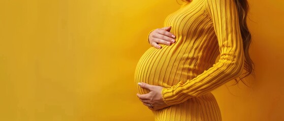 Canvas Print - Pregnant woman in a vibrant yellow sweater, lovingly cradling her belly, conveying warmth and love. Free copy space for banner.