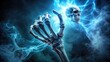 © Four888 - A dramatic skeleton's bony fist bursts through a dark, misty background, lit by eerie blue light, conveying a sense of powerful, supernatural energy.