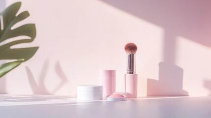 Poster - A tidy display of cosmetic products including lipstick, makeup brushes, and powder sits gracefully against a soft, light backdrop. Generative AI